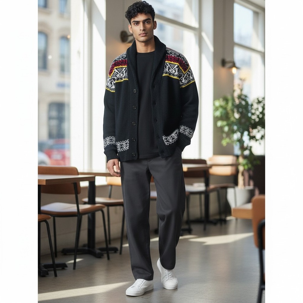 The Kooples Men's Fair Isle Shawl Collar Cardigan Black Patterned Knit